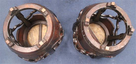 A pair of late 19th century Chinese marble inset rosewood barrel shaped stands or stools, H.53cm